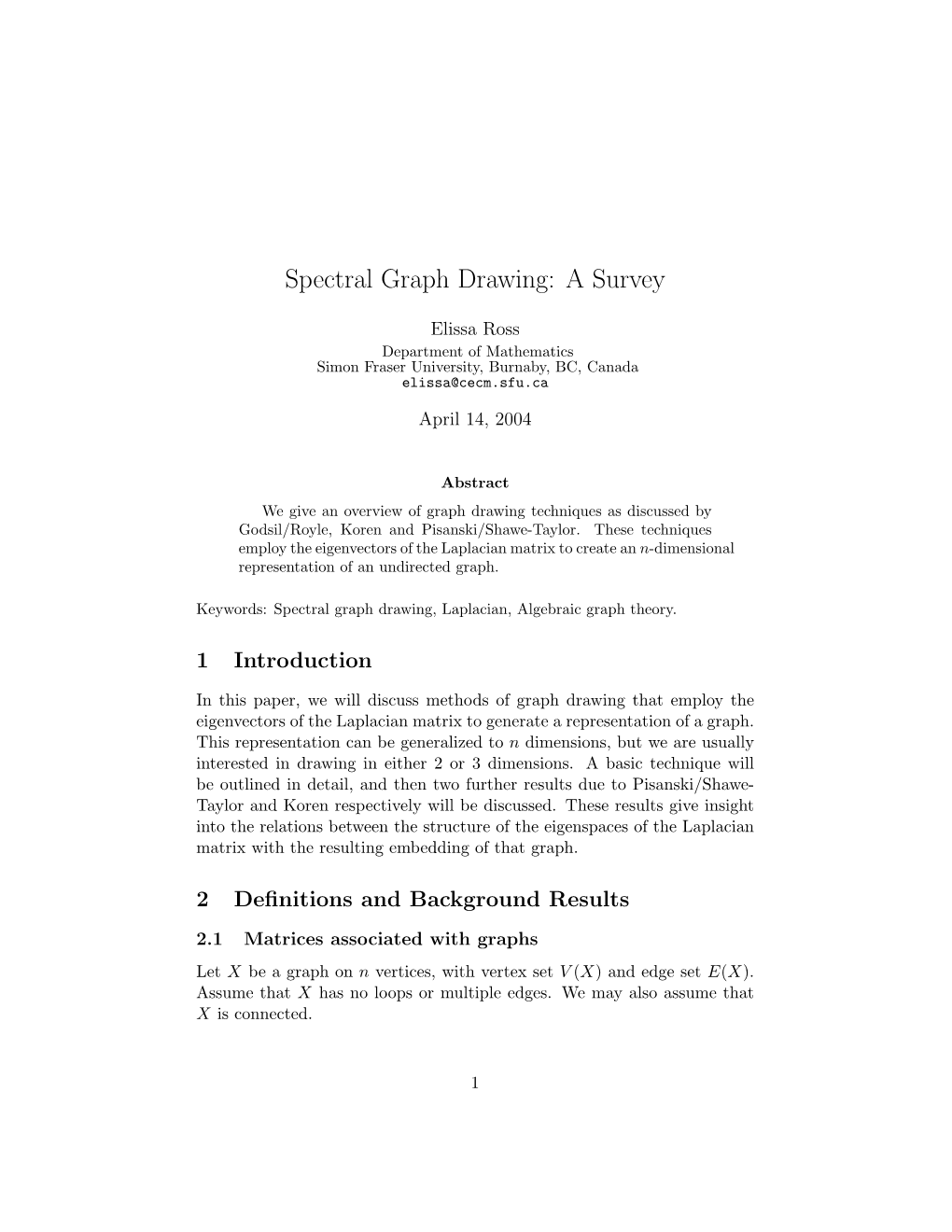 Spectral Graph Drawing: a Survey