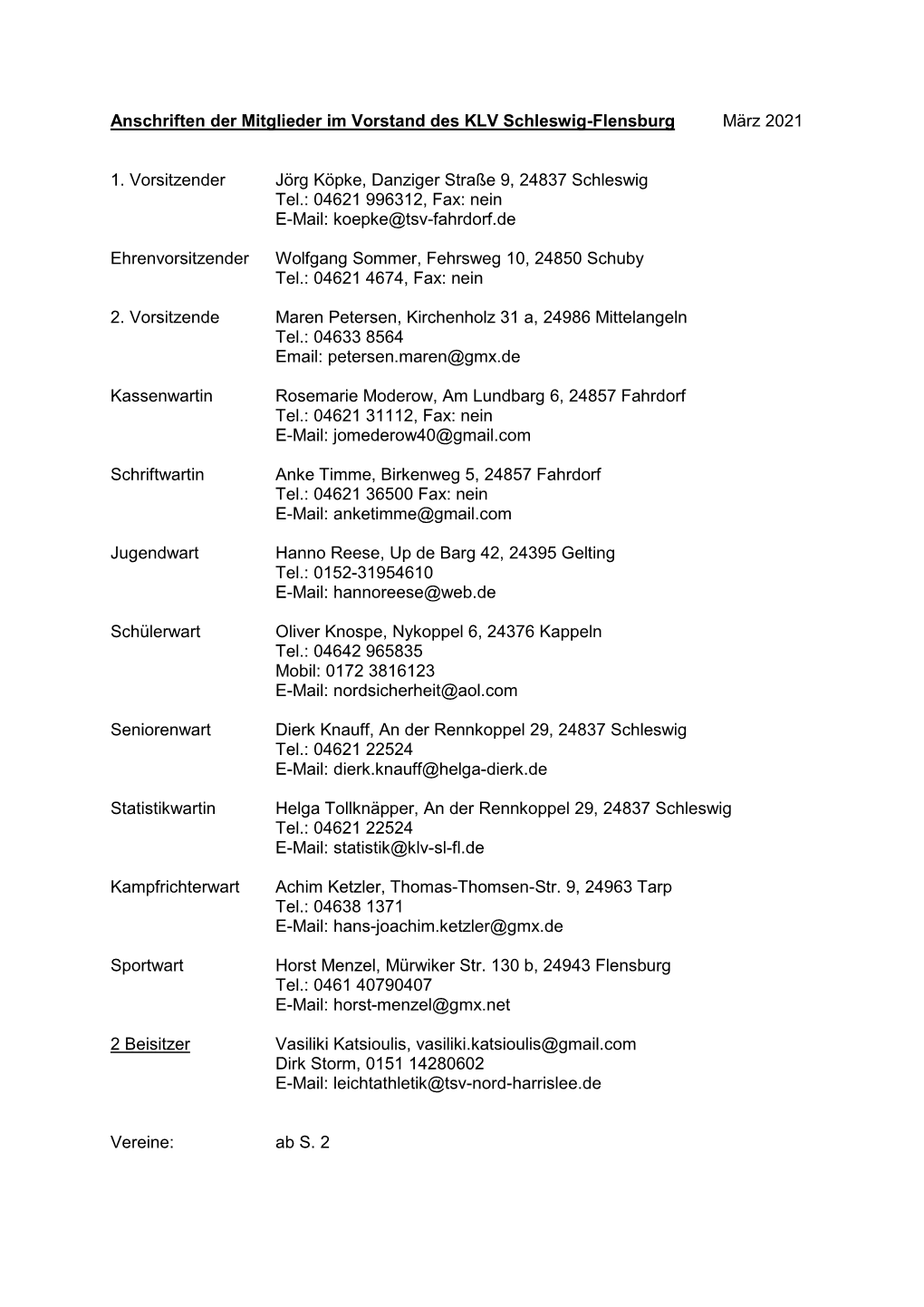 Anschriften Der Mitglieder Im Vorstand Des KLV Schleswig-Flensburg März 2021