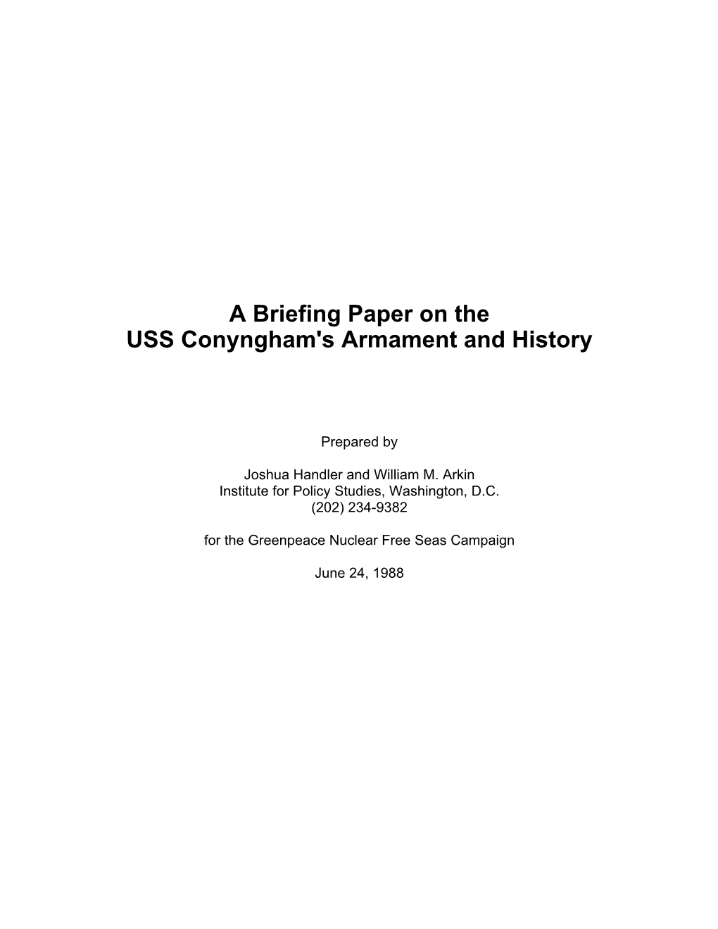A Briefing Paper on the USS Conyngham's Armament and History
