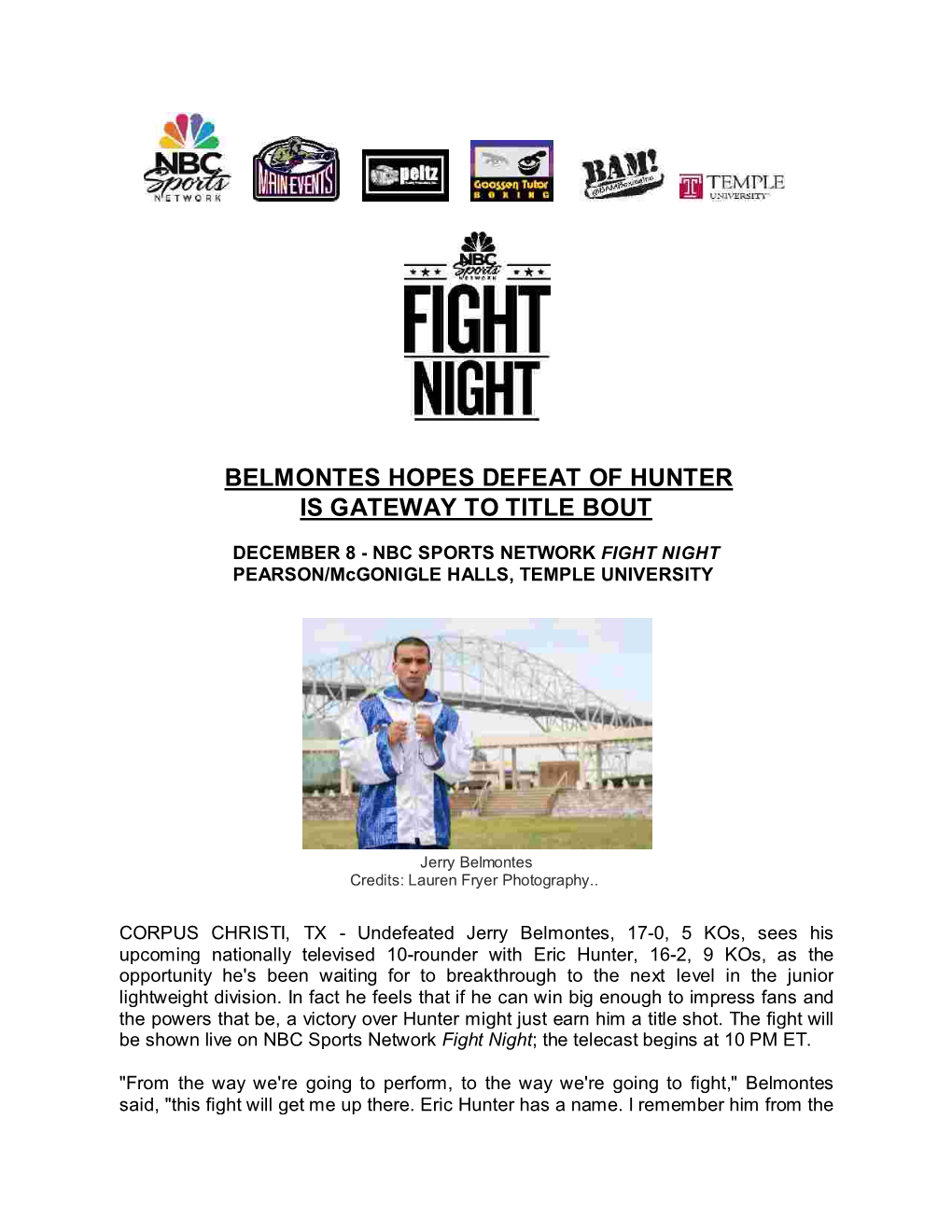 Belmontes Hopes Defeat of Hunter Is Gateway to Title Bout