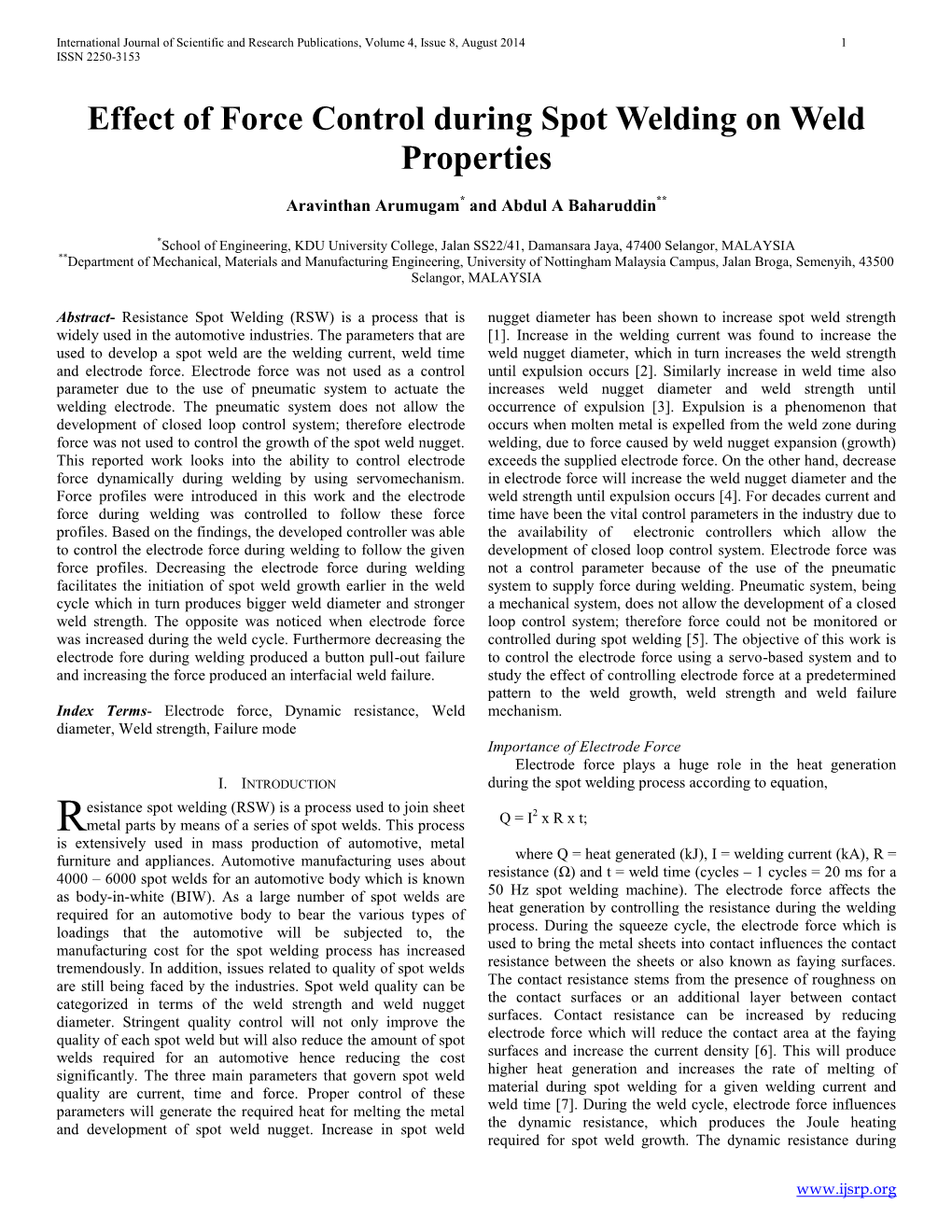 Effect of Force Control During Spot Welding on Weld Properties