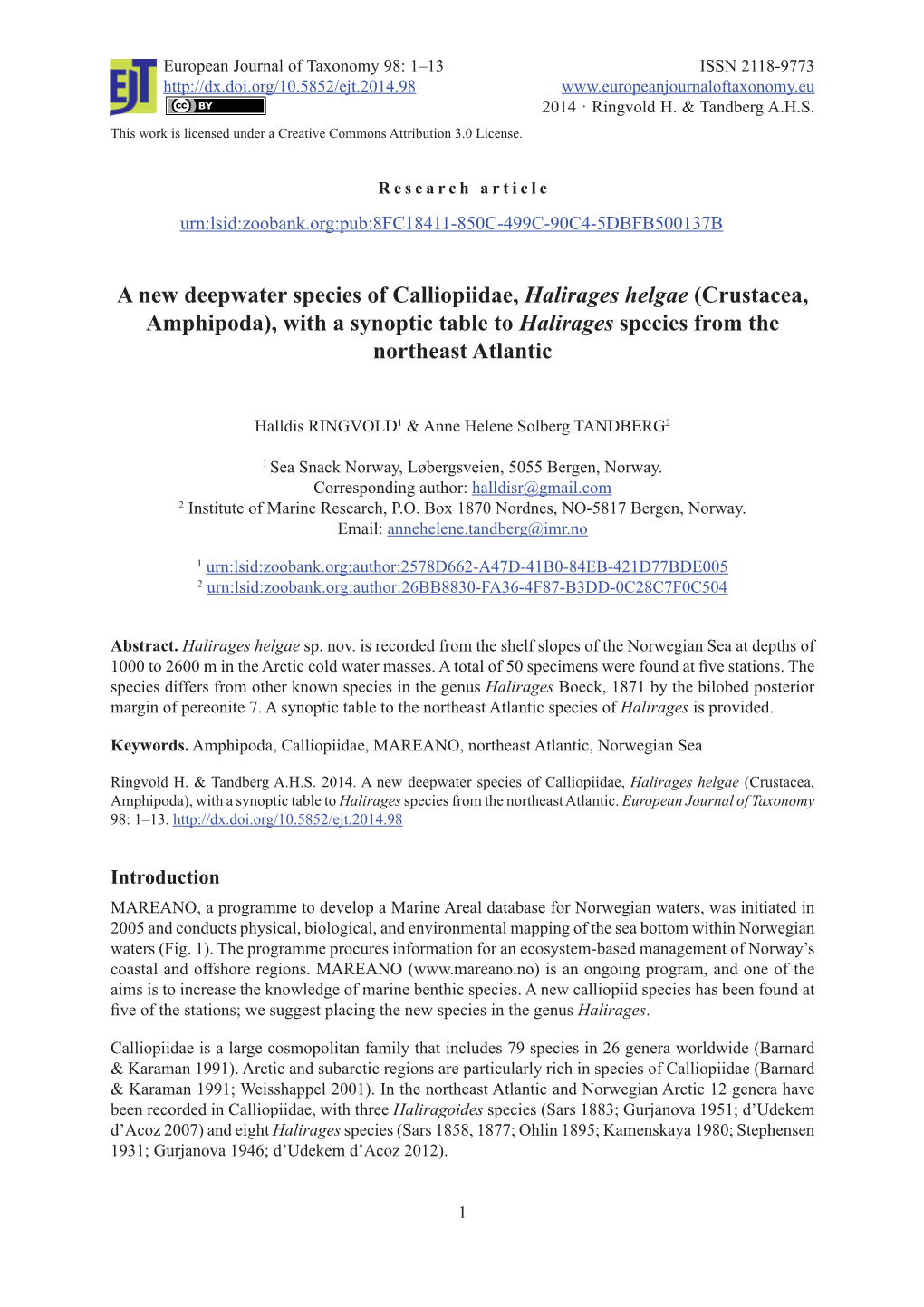 A New Deepwater Species of Calliopiidae, Halirages Helgae (Crustacea, Amphipoda), with a Synoptic Table to Halirages Species from the Northeast Atlantic