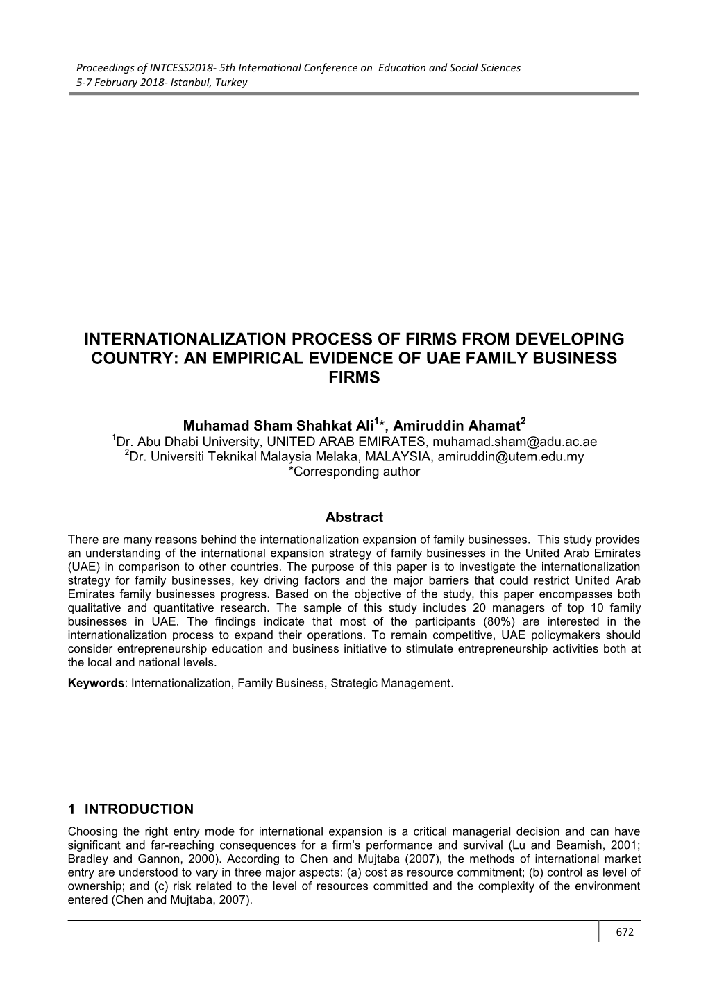 Internationalization Process of Firms from Developing Country: an Empirical Evidence of Uae Family Business Firms