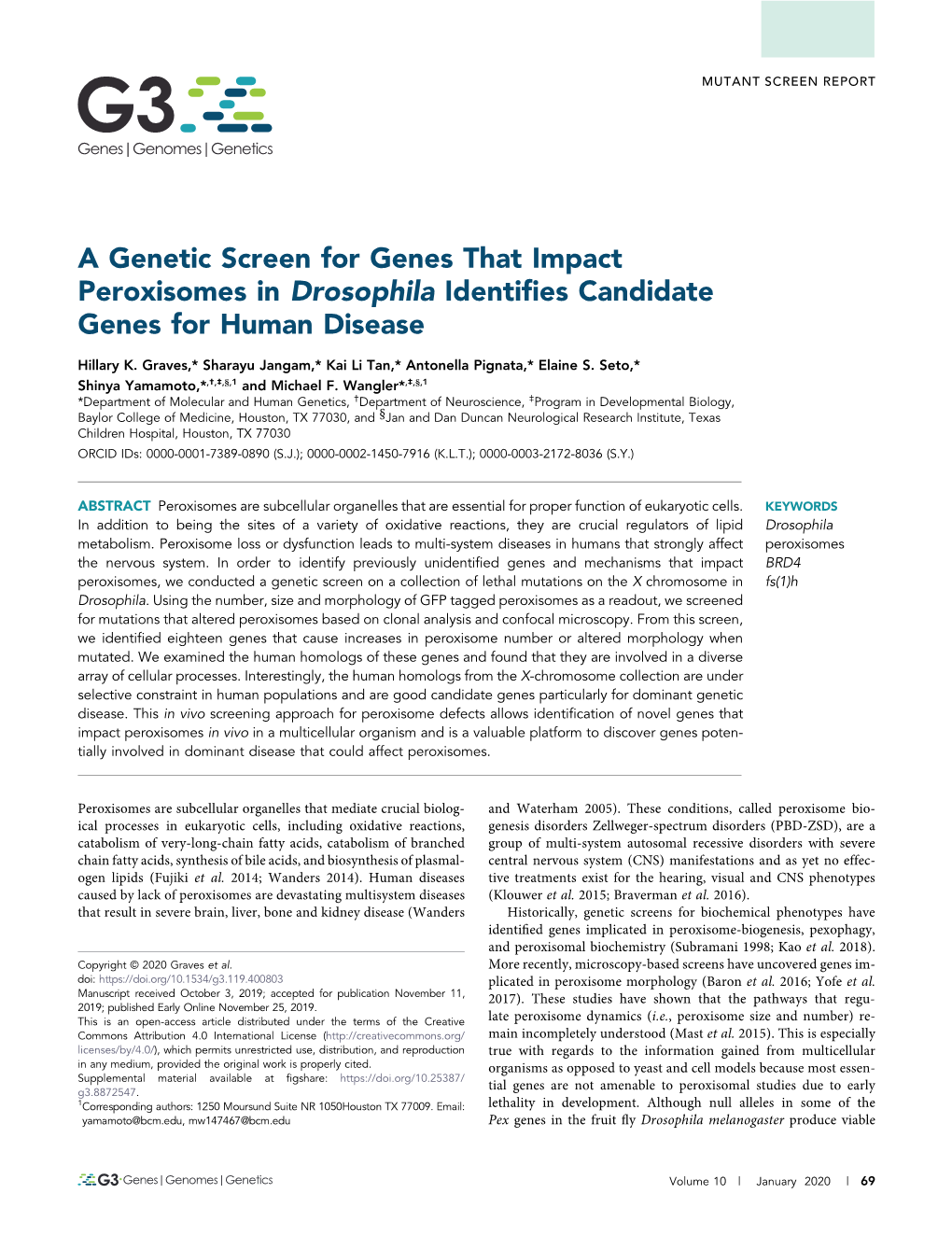 A Genetic Screen for Genes That Impact Peroxisomes in Drosophila Identiﬁes Candidate Genes for Human Disease