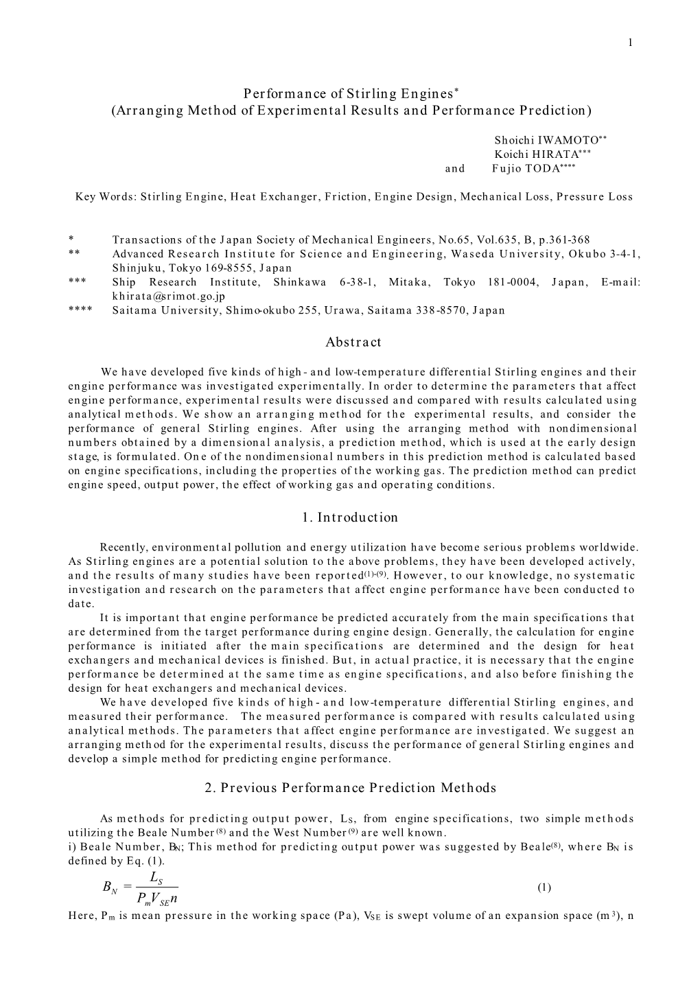 Performance of Stirling Engines* (Arranging Method of Experimental Results and Performance Prediction)