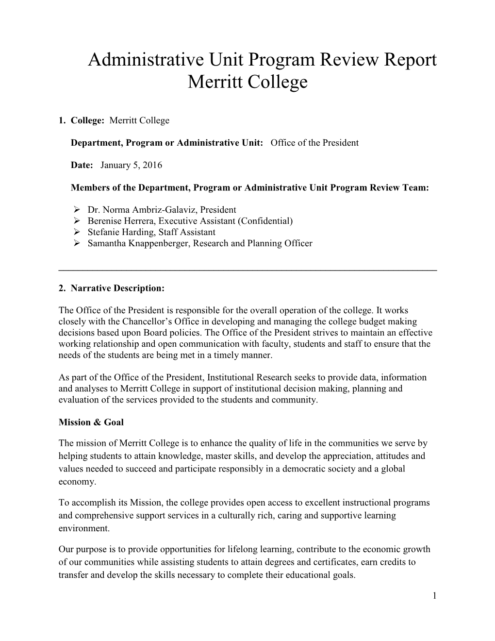 Administrative Unit Program Review Report Merritt College