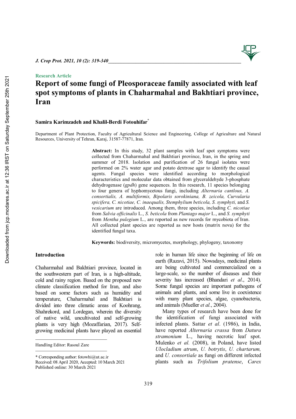 Report of Some Fungi of Pleosporaceae Family Associated with Leaf Spot Symptoms of Plants in Chaharmahal and Bakhtiari Province, Iran