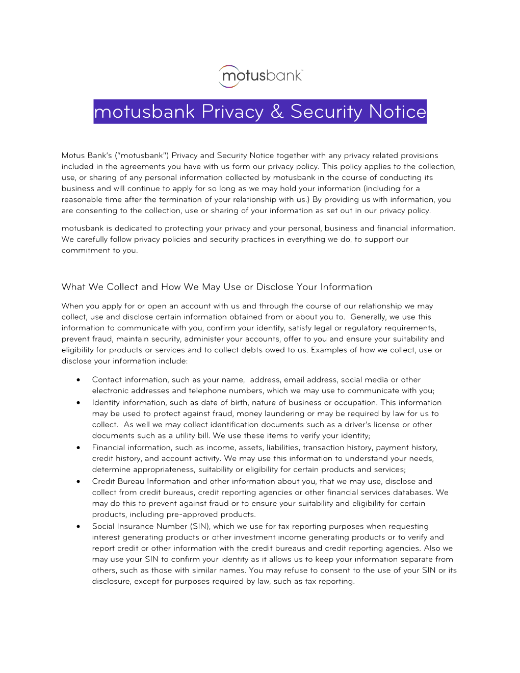 Motusbank Privacy & Security Notice