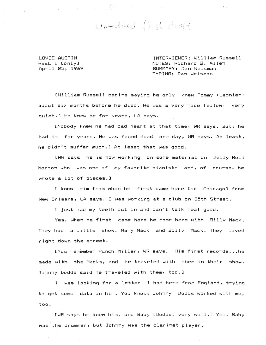 Ct^Illiam Russell Begins Saying He Only Knew Tommy (Ladnier) About Six Months Before He Died