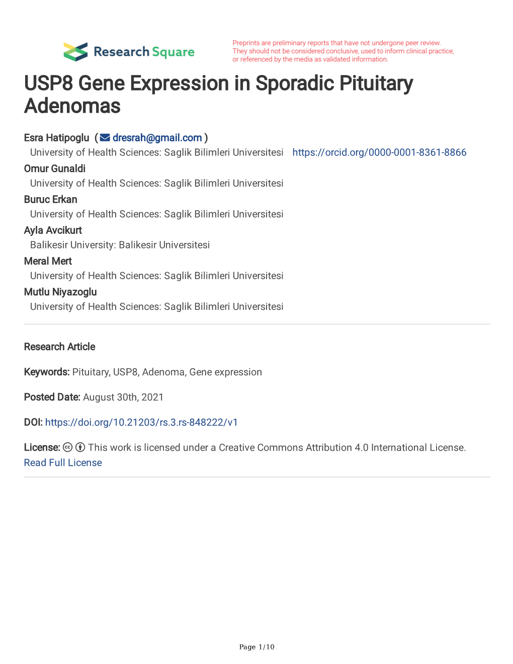 USP8 Gene Expression in Sporadic Pituitary Adenomas
