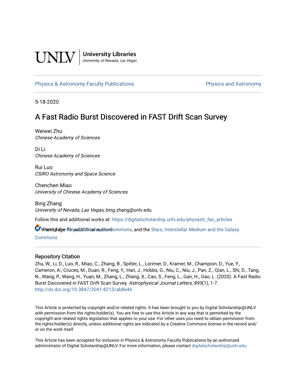 A Fast Radio Burst Discovered in FAST Drift Scan Survey