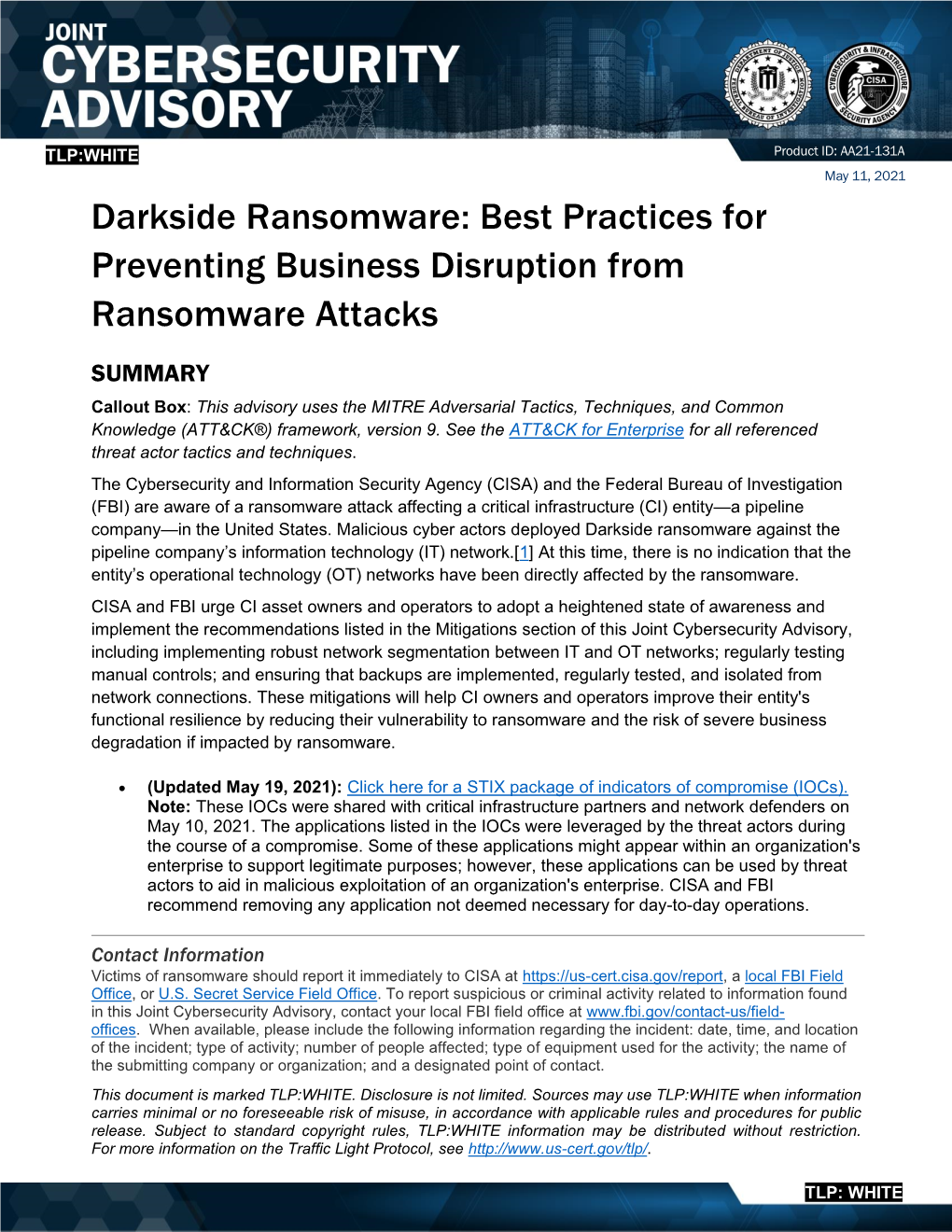 Darkside Ransomware: Best Practices for Preventing Business Disruption From