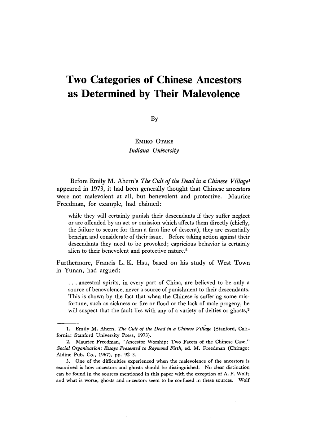 Two Categories of Chinese Ancestors As Determined by Their Malevolence