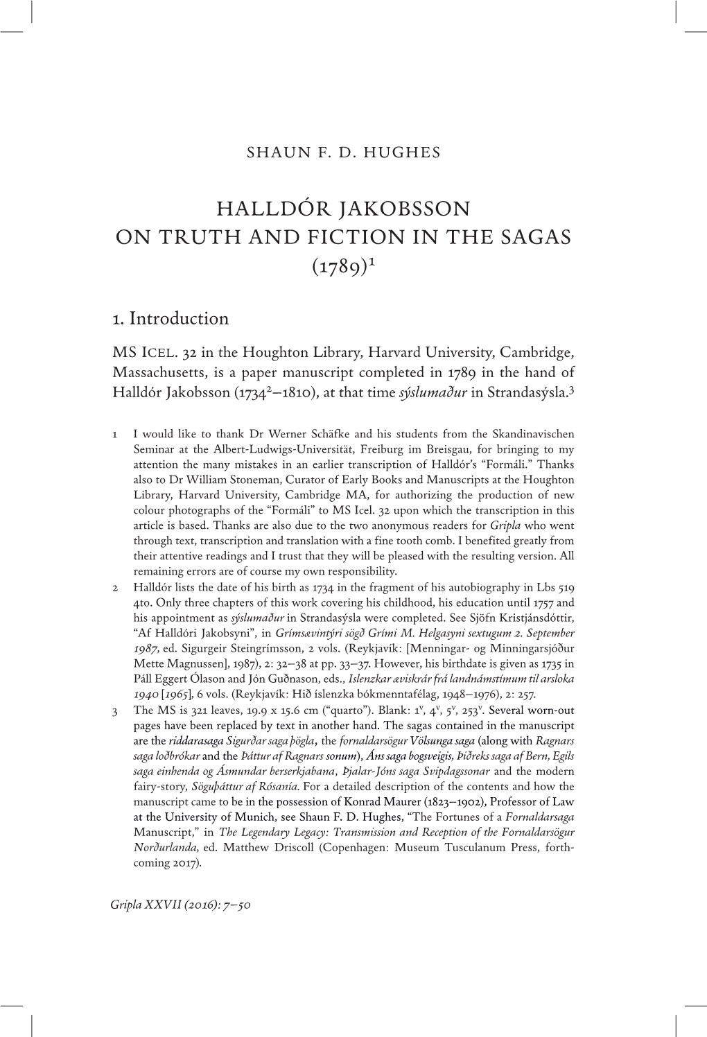 Halldór Jakobsson on Truth and Fiction in the Sagas (1789)1