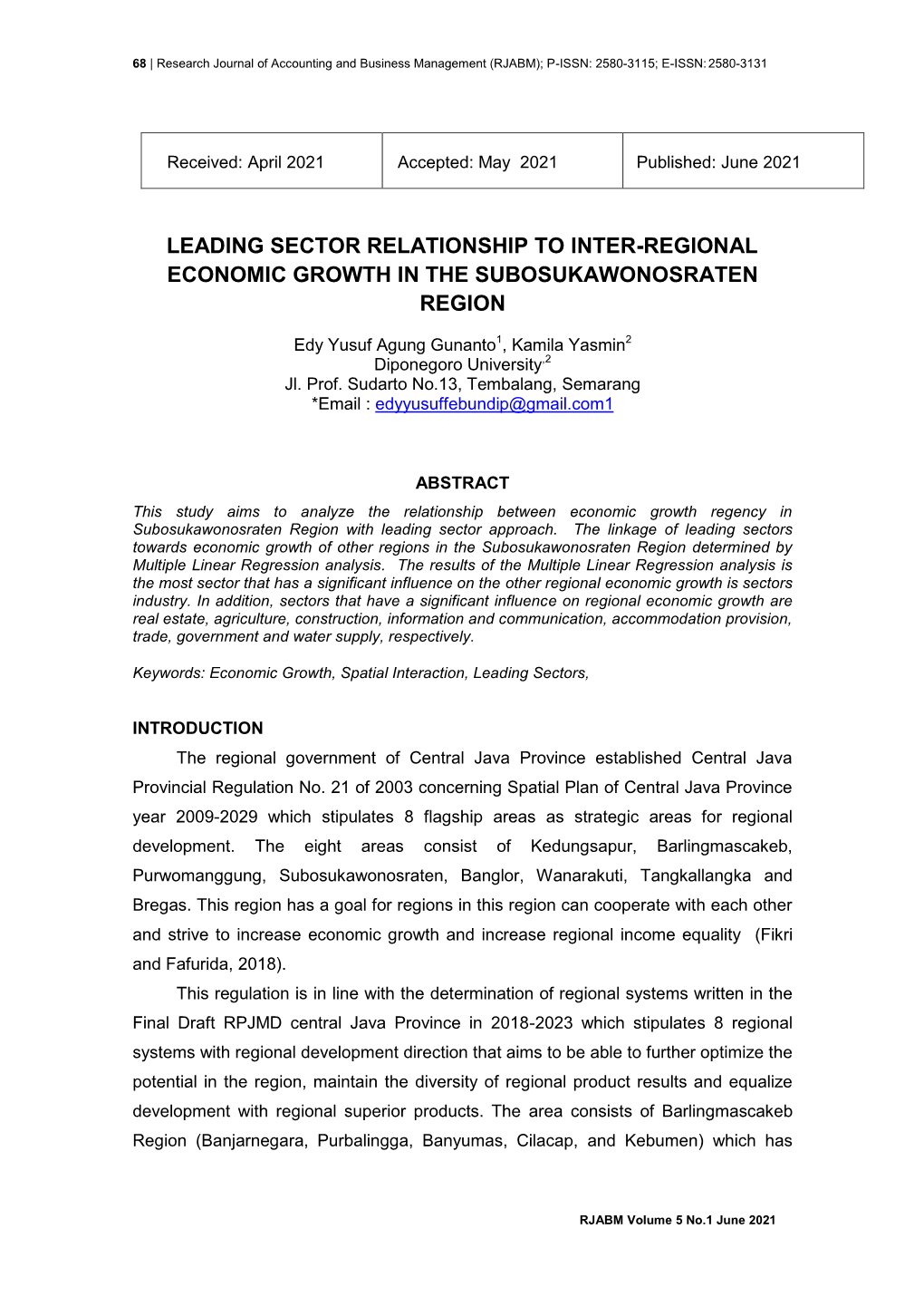 Leading Sector Relationship to Inter-Regional Economic Growth in the Subosukawonosraten Region