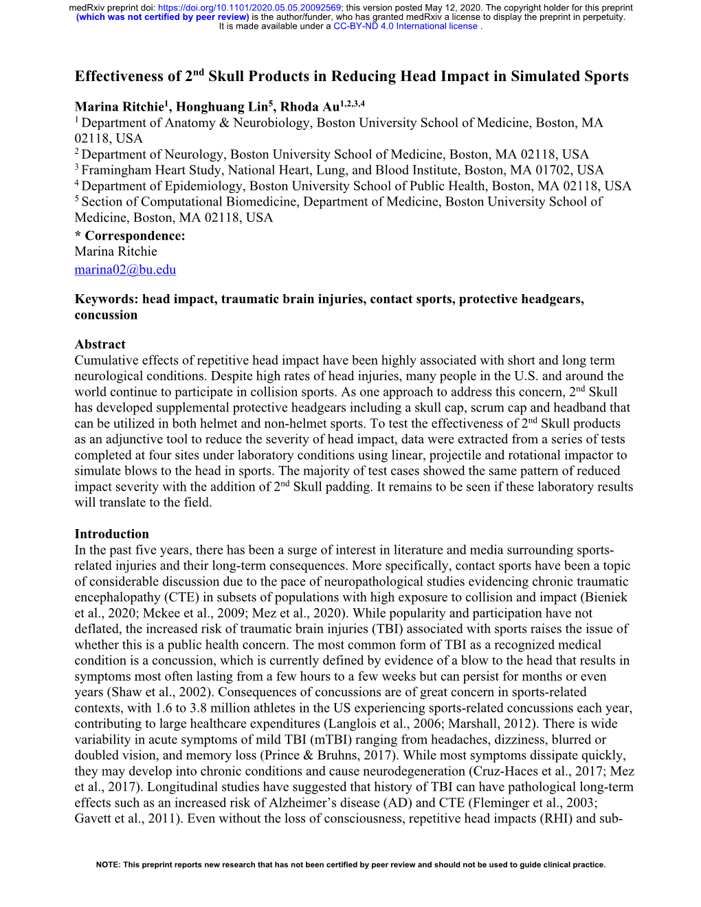 Effectiveness of 2Nd Skull Products in Reducing Head Impact in Simulated Sports