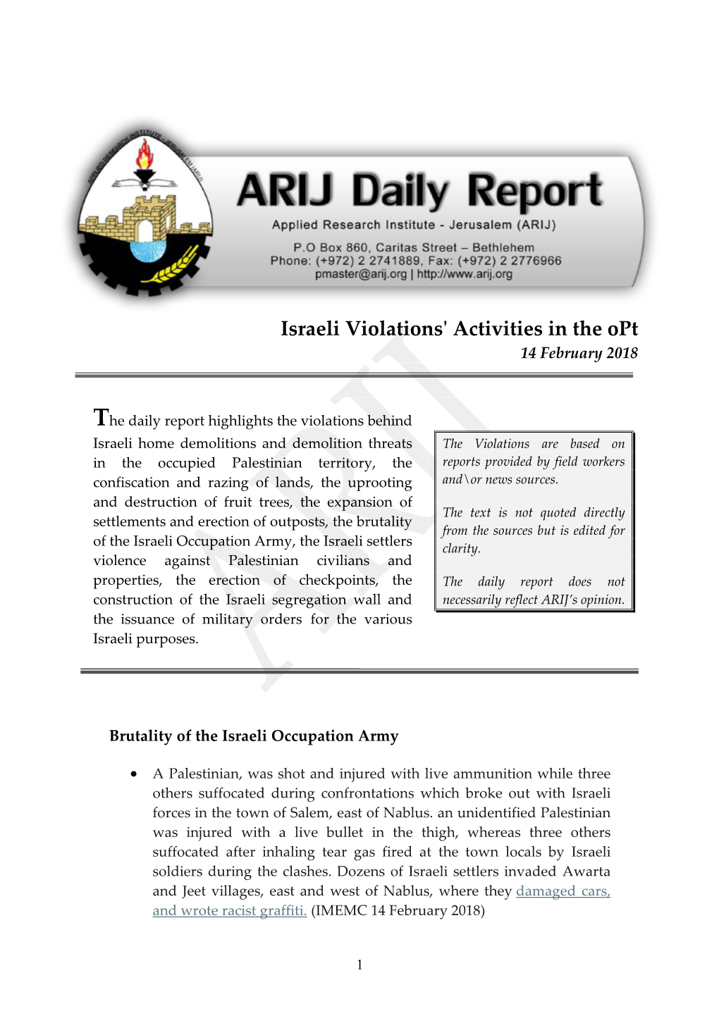 Israeli Violations' Activities in the Opt 14 February 2018