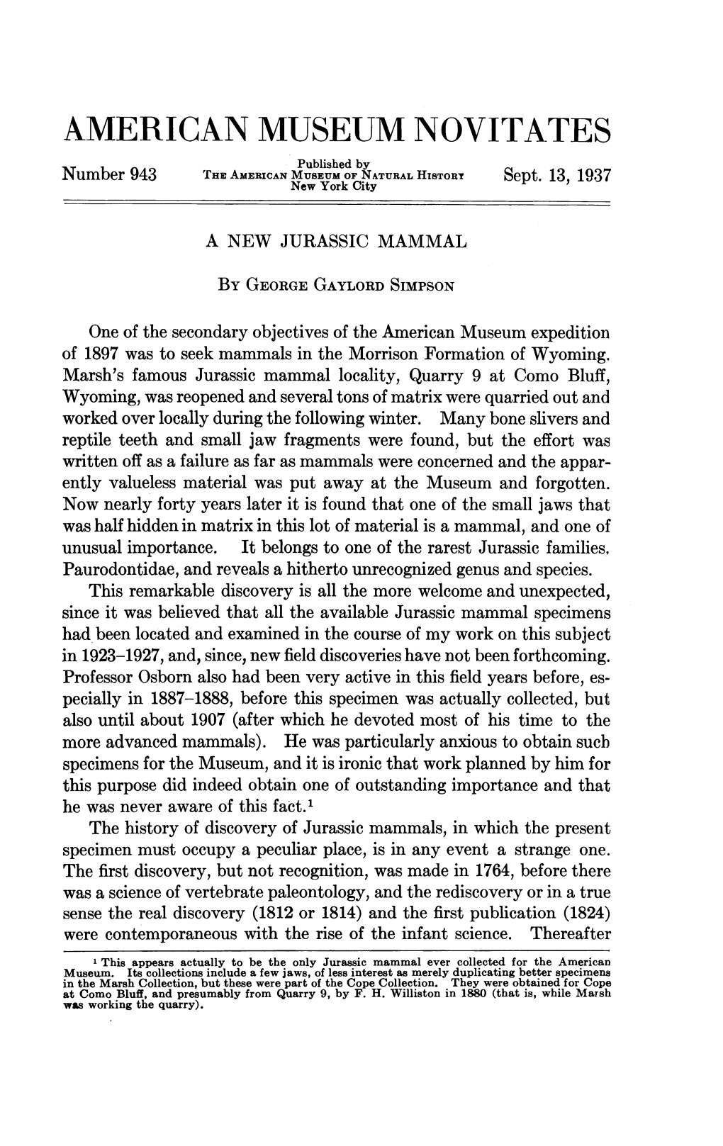 AMERICAN MUSEUM NOVITATES Published by Number 943 the American MUSEUM of NATURAL Histort Sept