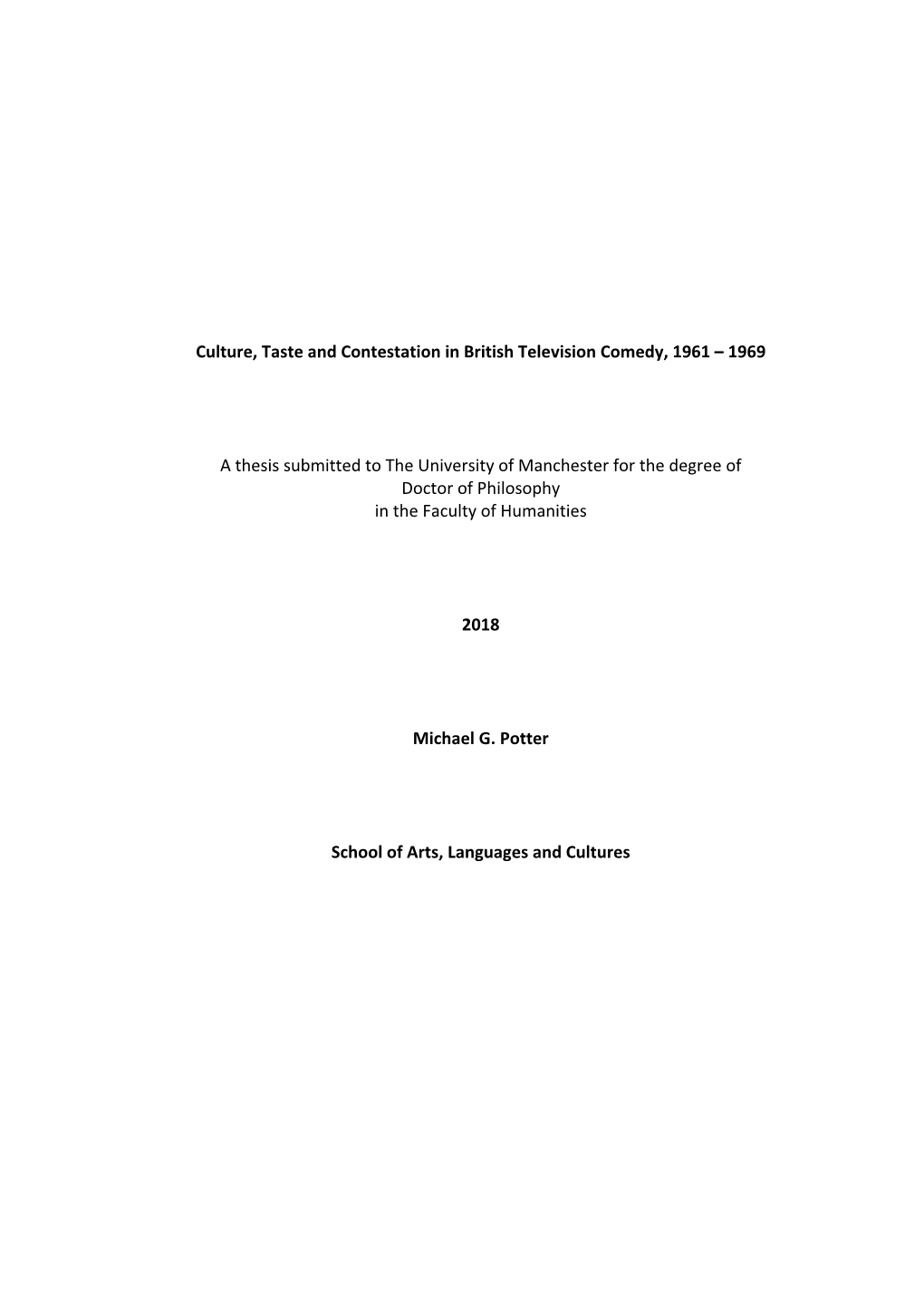 Culture, Taste and Contestation in British Television Comedy, 1961 – 1969