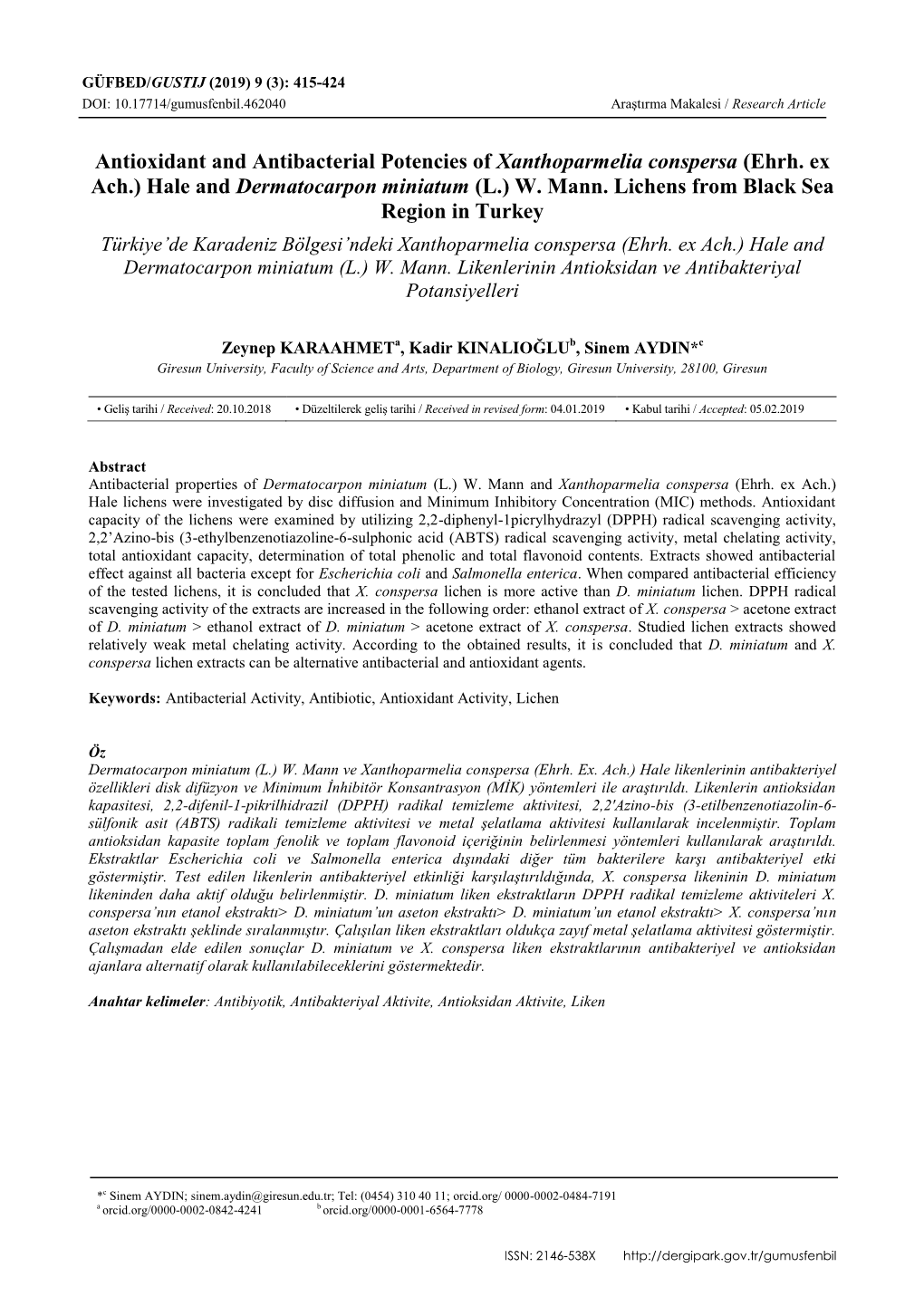 Antioxidant and Antibacterial Potencies of Xanthoparmelia Conspersa (Ehrh