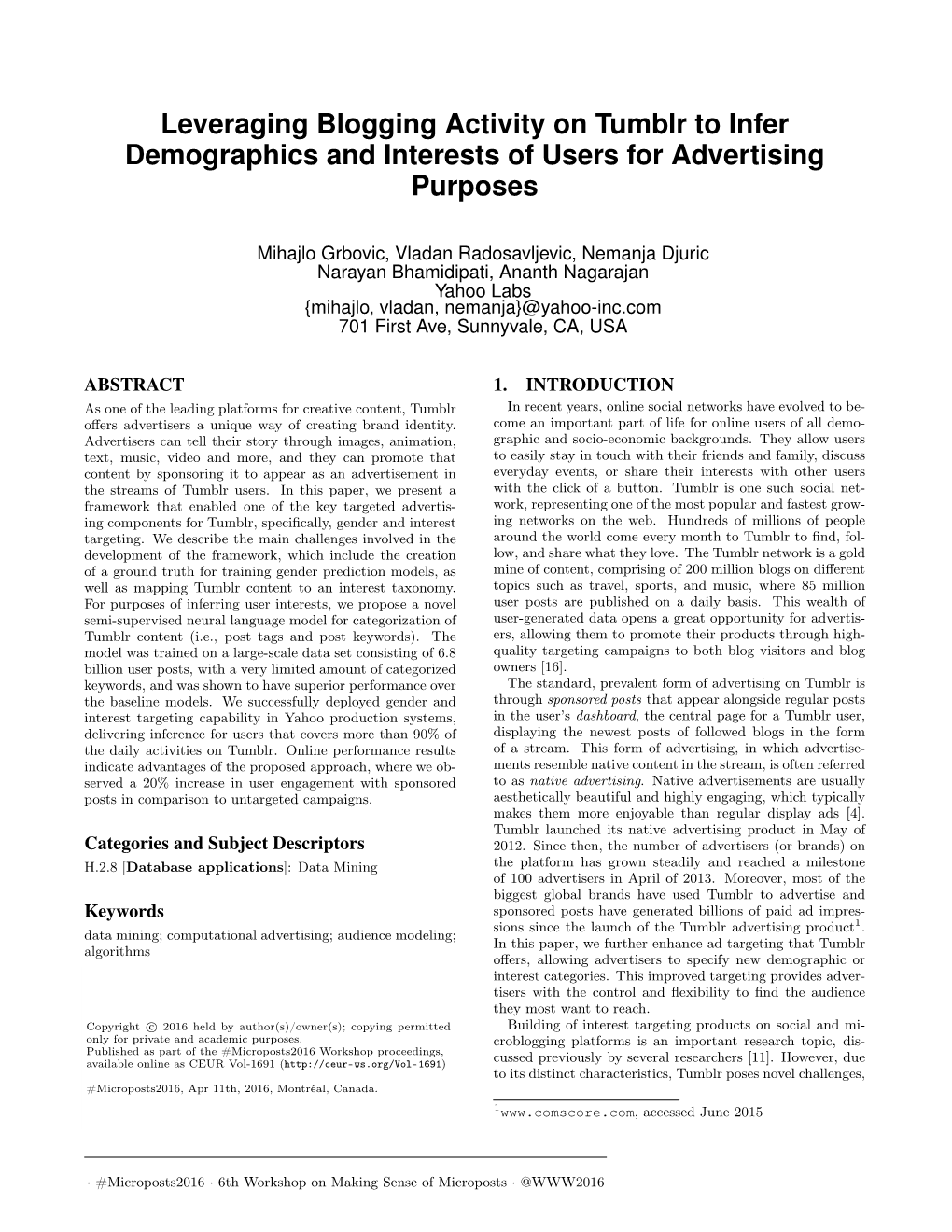 Leveraging Blogging Activity on Tumblr to Infer Demographics and Interests of Users for Advertising Purposes