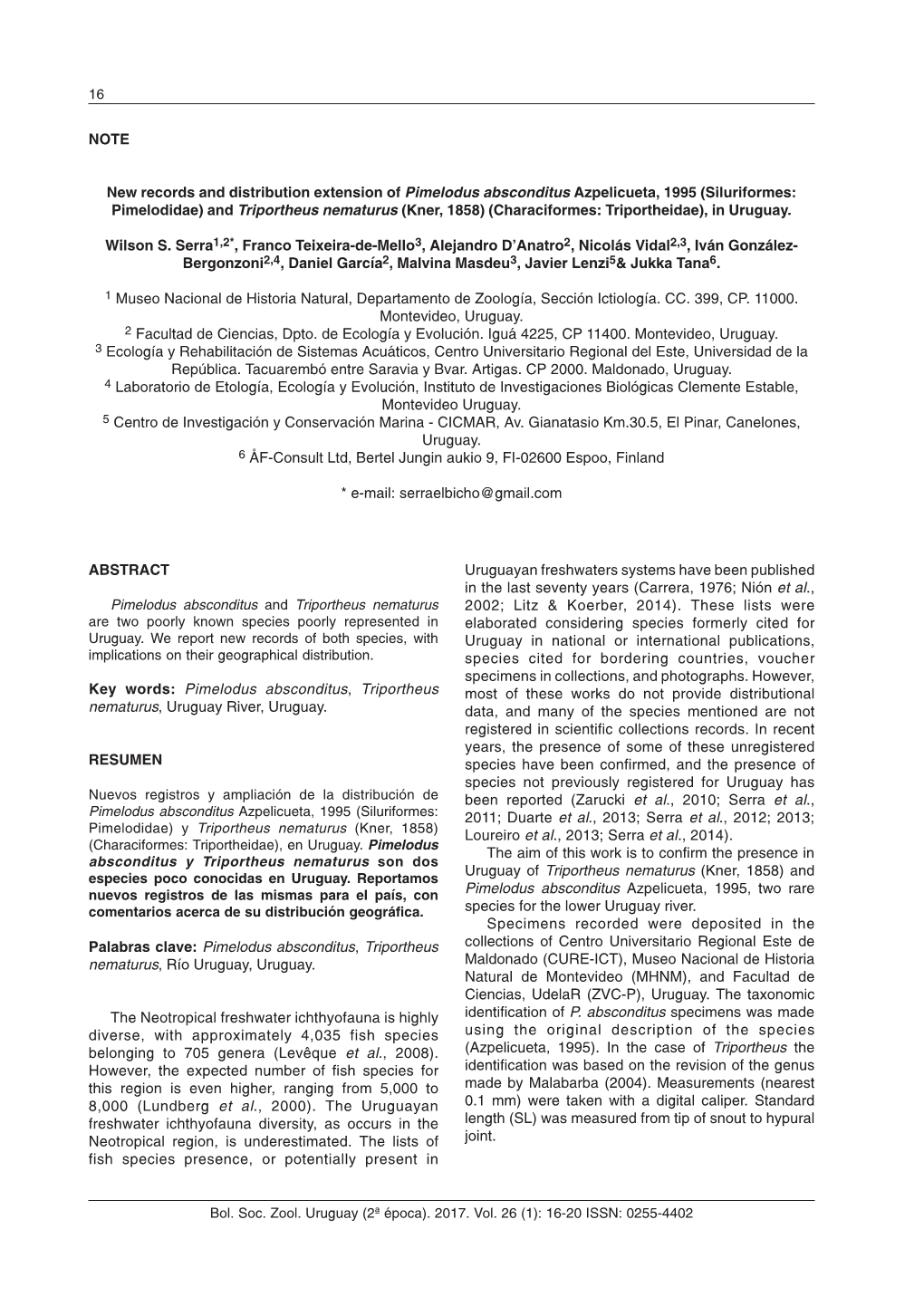 16 Bol. Soc. Zool. Uruguay (2ª Época). 2017. Vol. 26 (1): 16-20 ISSN