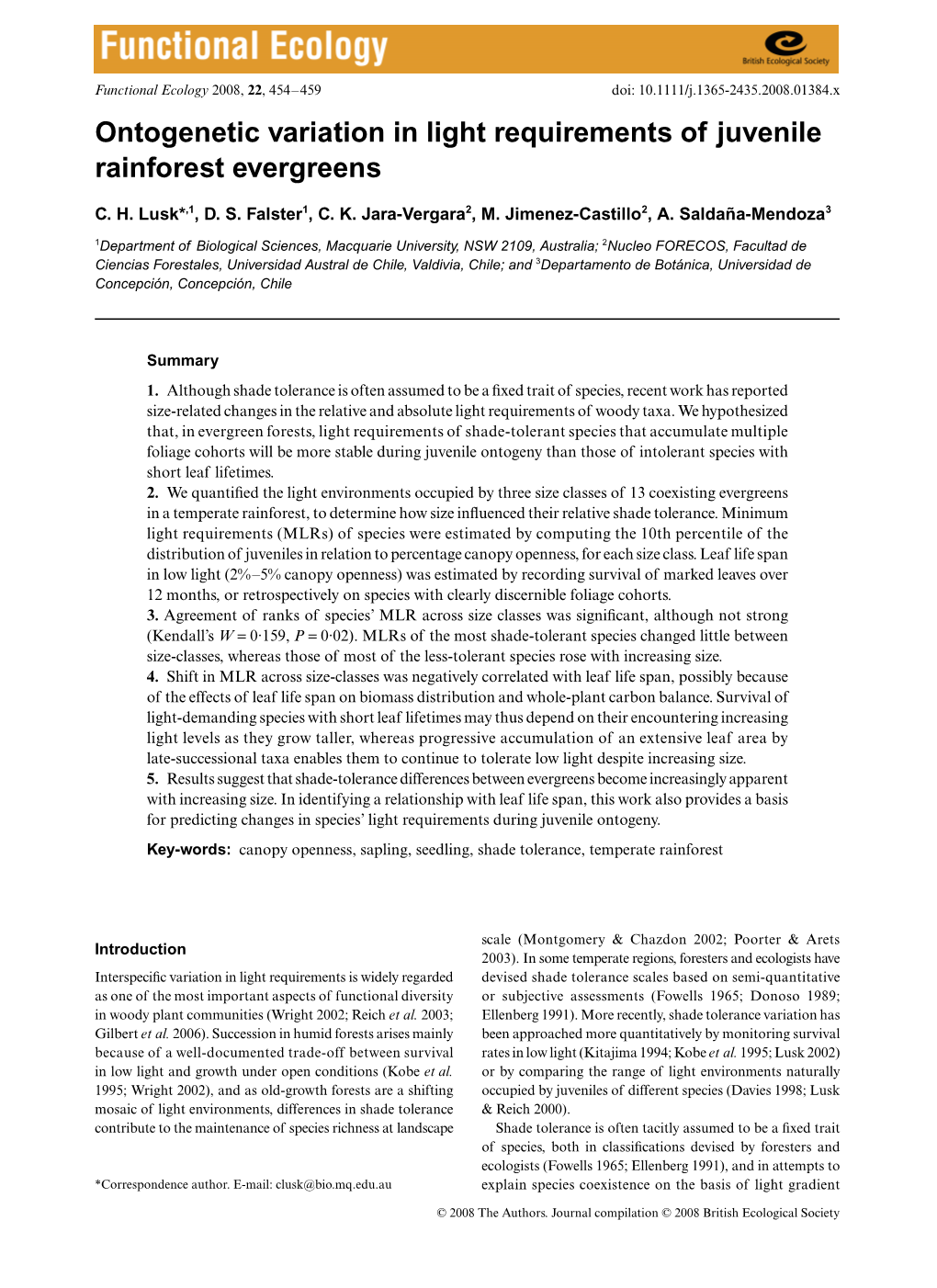 Ontogenetic Variation in Light Requirements of Juvenile Rainforest