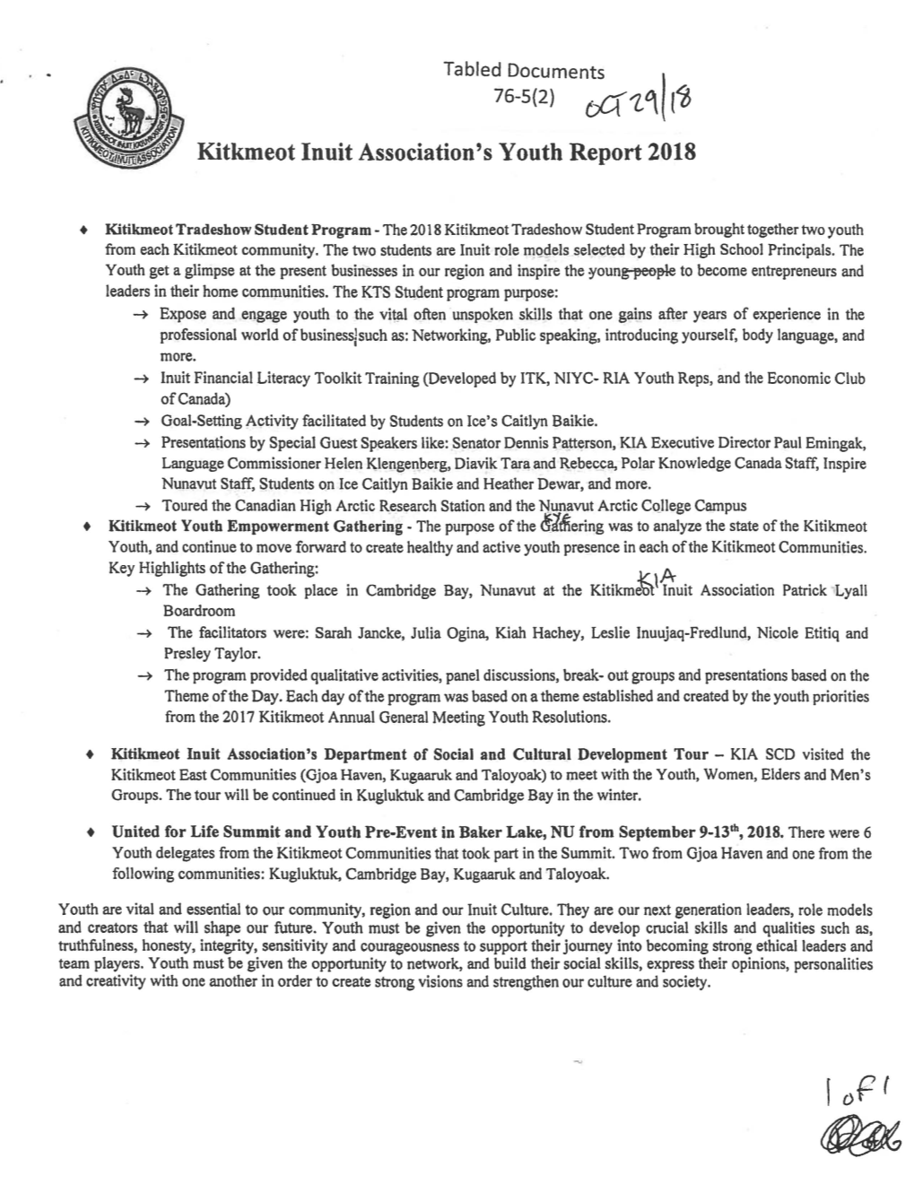 Youth Report to the 2018 Kitikmeot