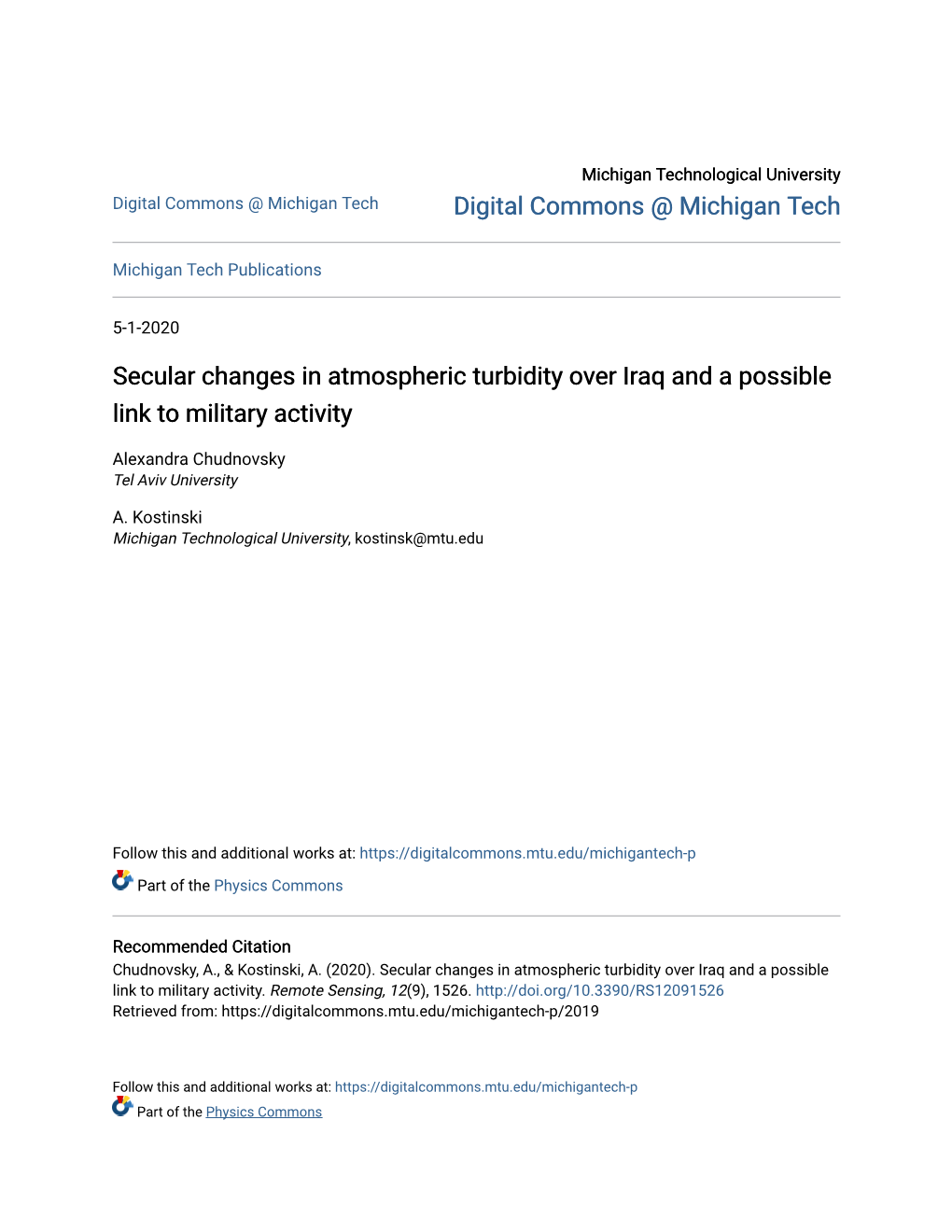 Secular Changes in Atmospheric Turbidity Over Iraq and a Possible Link to Military Activity