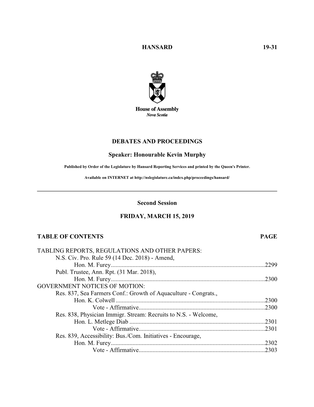 Hansard 19-31 Debates And