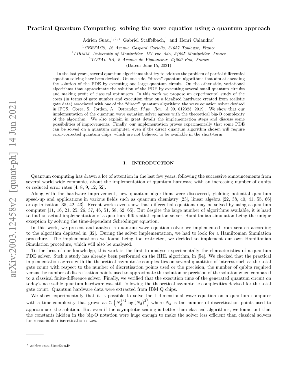 Arxiv:2003.12458V2 [Quant-Ph] 14 Jun 2021 to a Classical ﬁnite-Diﬀerence Solver