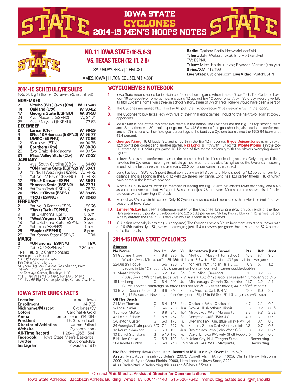 Cyclones 2014-15 Men’S Hoops Notes