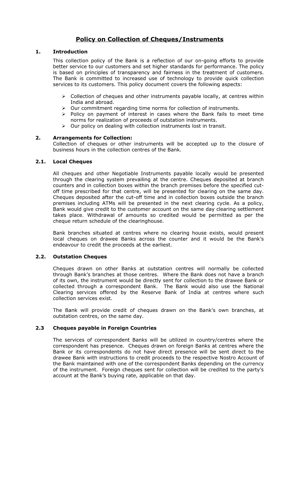 Policy on Collection of Cheques/Instruments