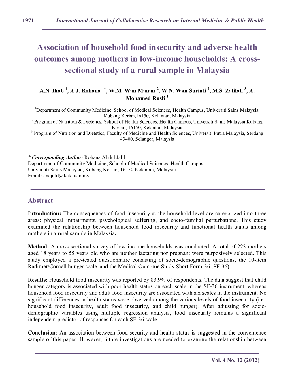 Association of Household Food Insecurity and Adverse Health Outcomes Among Mothers in Low�Income Households: a Cross� Sectional Study of a Rural Sample in Malaysia