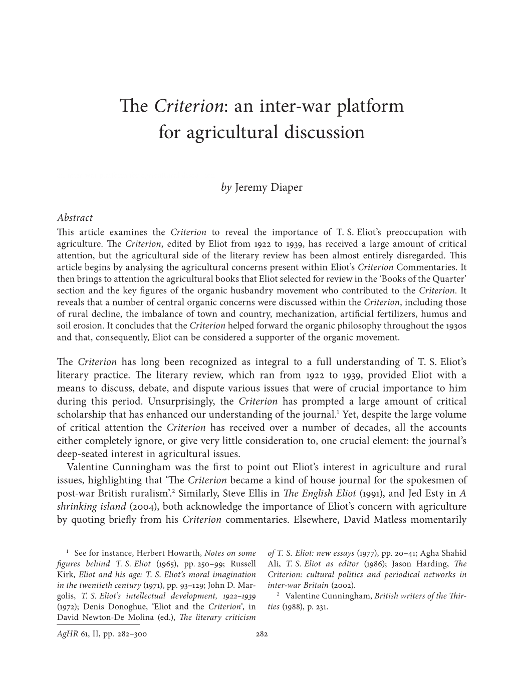 The Criterion: an Inter-War Platform for Agricultural Discussion