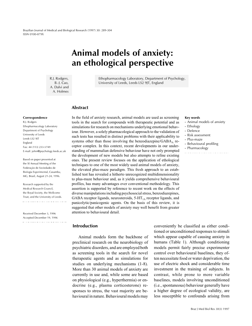 Animal Models of Anxiety: an Ethological Perspective
