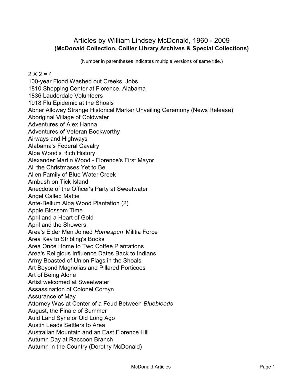 Articles by William Lindsey Mcdonald, 1960 - 2009 (Mcdonald Collection, Collier Library Archives & Special Collections)