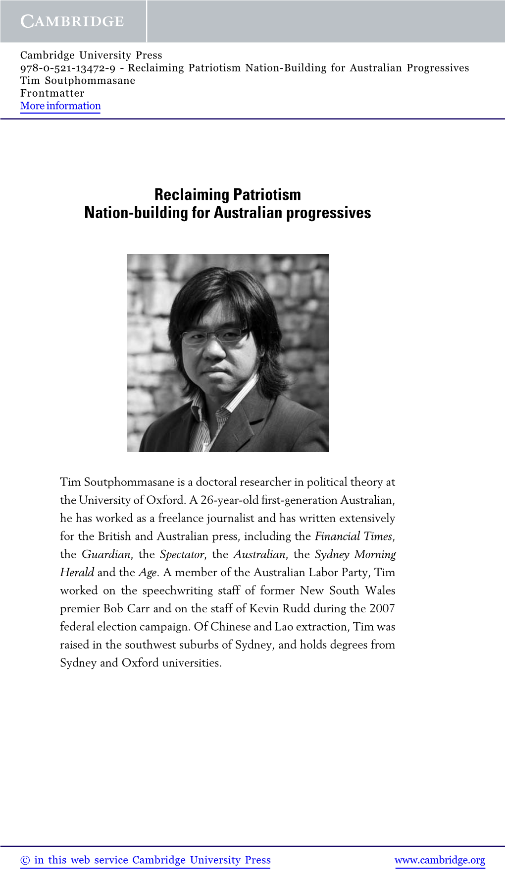 Reclaiming Patriotism Nation-Building for Australian Progressives Tim Soutphommasane Frontmatter More Information
