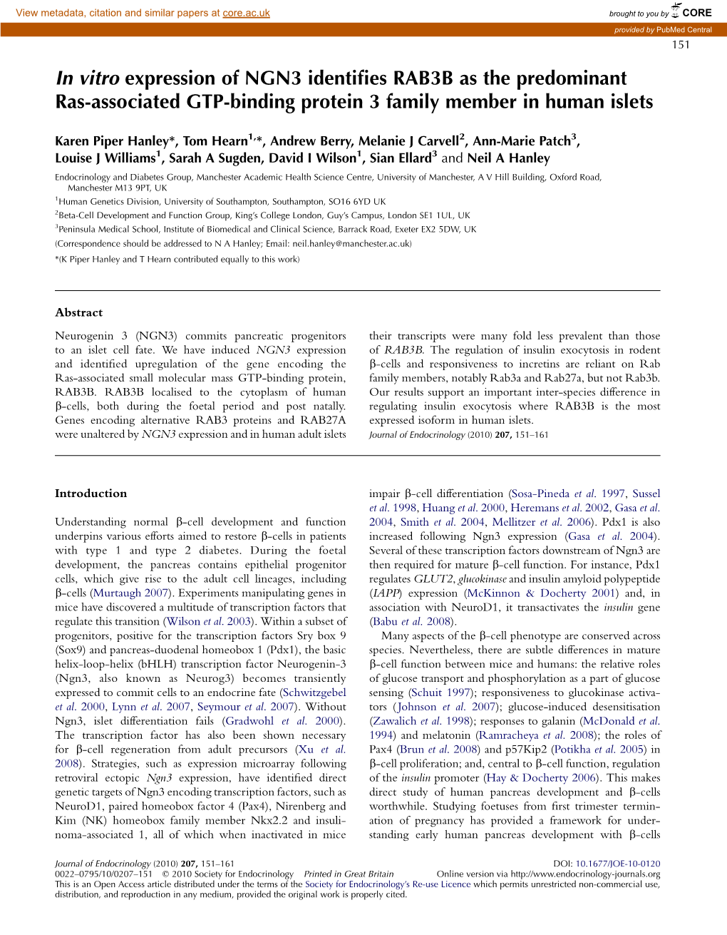 In Vitro Expression of NGN3 Identifies RAB3B As the Predominant Ras