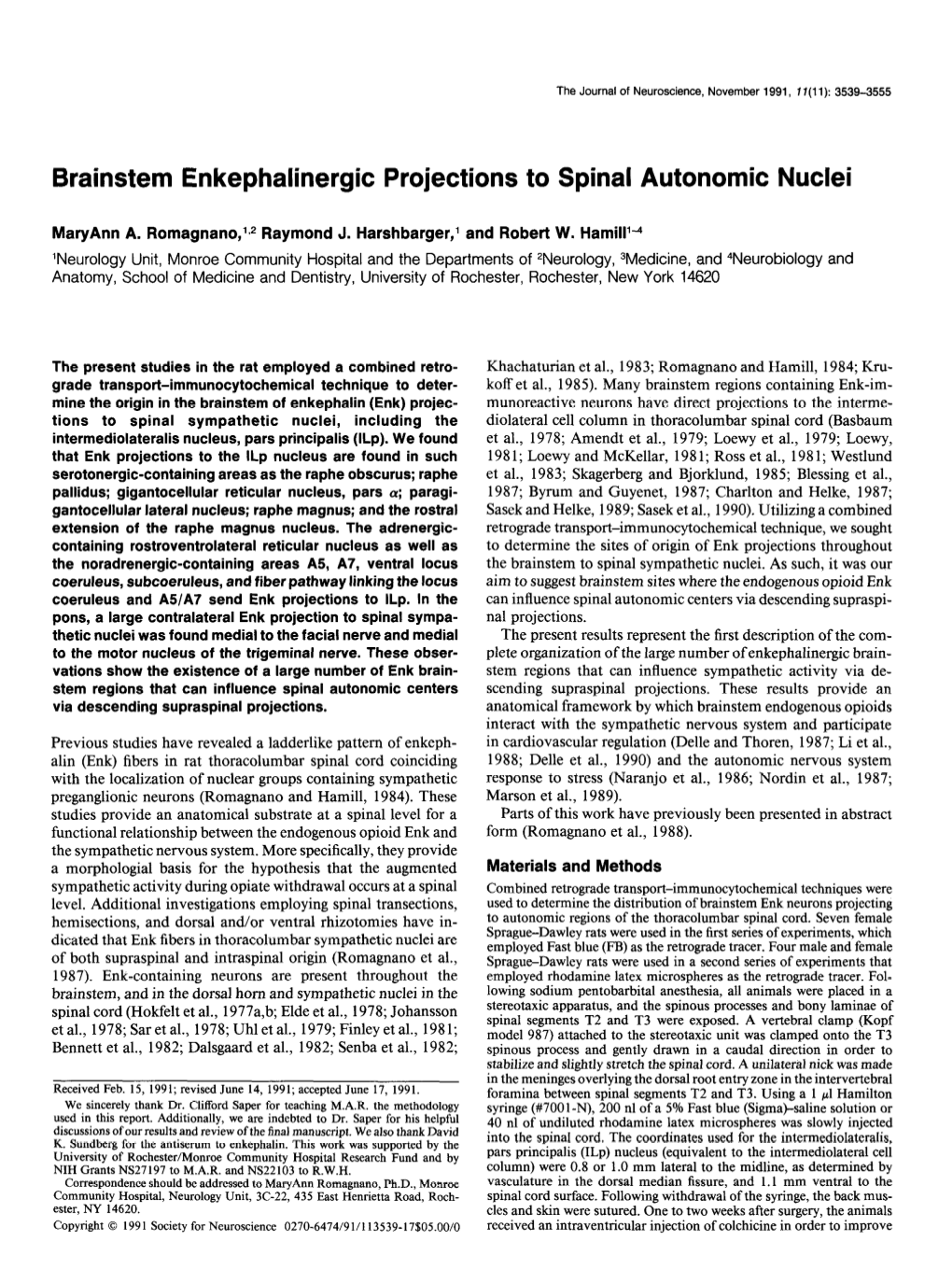 Brainstem Enkephalinergic Projections to Spinal Autonomic Nuclei