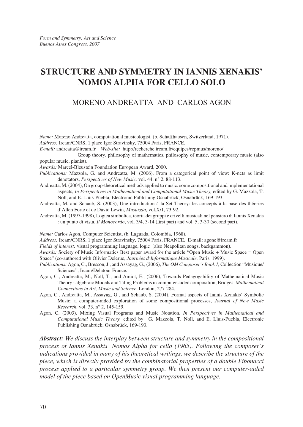 STRUCTURE and SYMMETRY in IANNIS Xenakis' NOMOS ALPHA