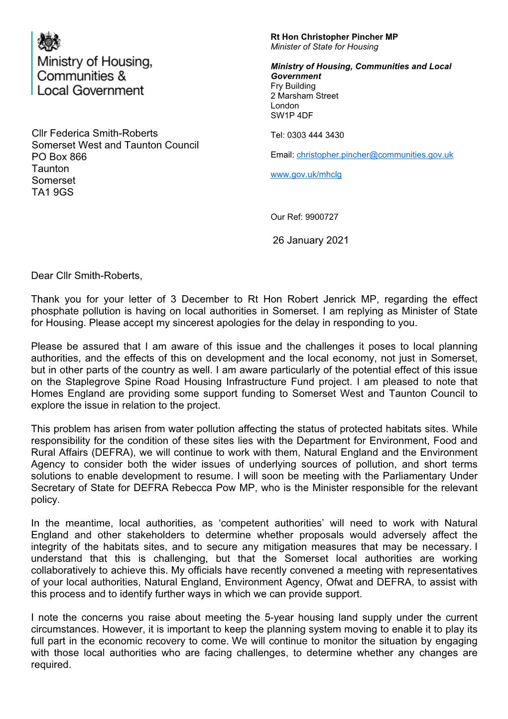 Letter of Response from Rt Hon Christopher Pincher MP for MHCLG
