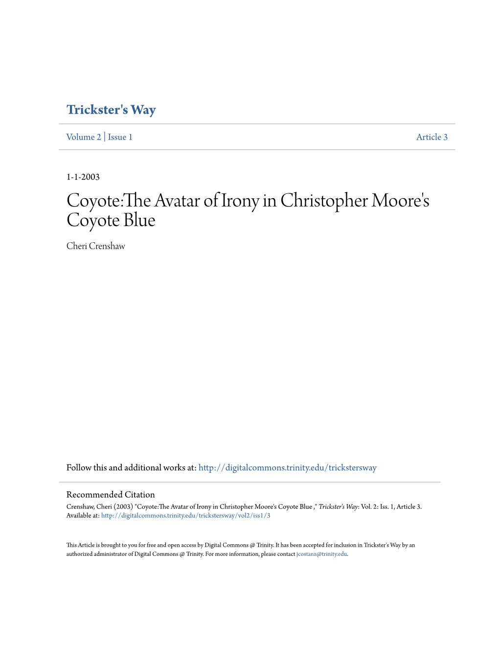 Coyote:The Avatar of Irony in Christopher Moore's Coyote Blue Trickster's Way Vol 2