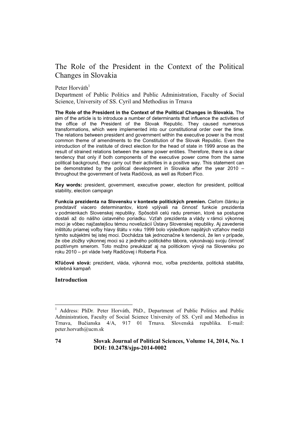 The Role of the President in the Context of the Political Changes in Slovakia