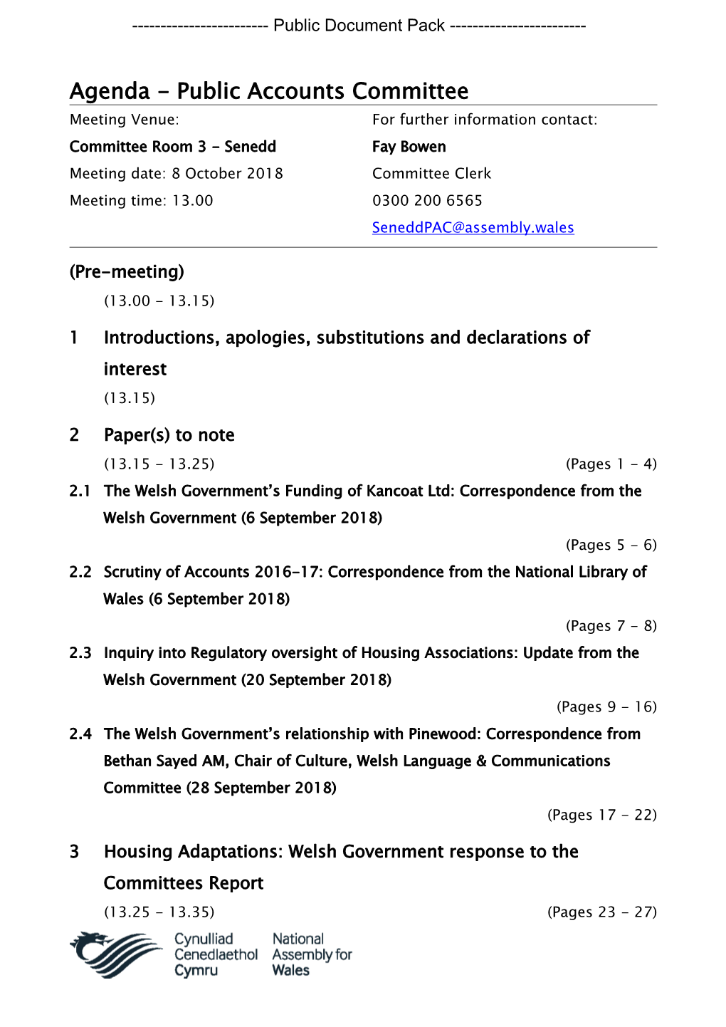 (Public Pack)Agenda Document for Public Accounts Committee, 08/10/2018 13:00