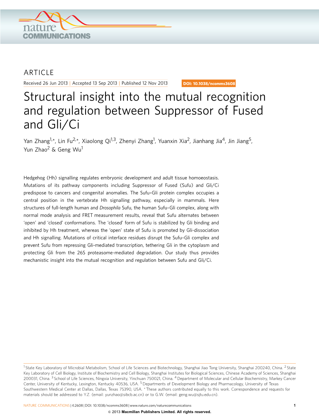 Structural Insight Into the Mutual Recognition and Regulation Between Suppressor of Fused and Gli/Ci