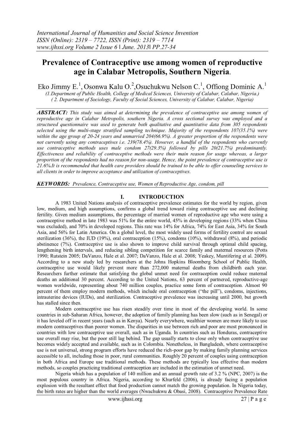 Prevalence of Contraceptive Use Among Women of Reproductive Age in Calabar Metropolis, Southern Nigeria