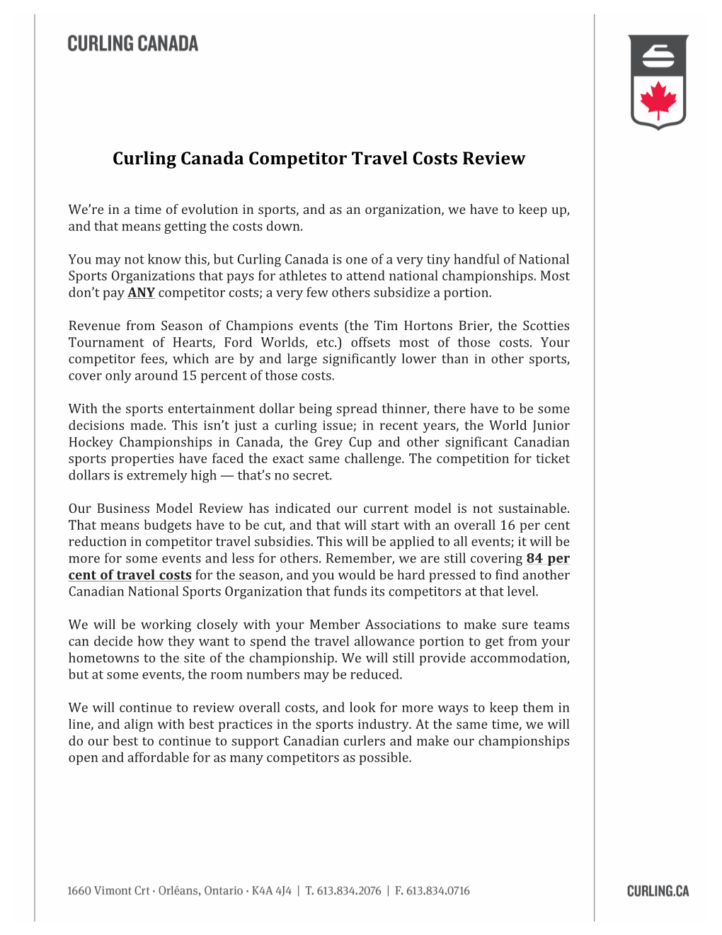 Curling Canada Competitor Travel Costs Review