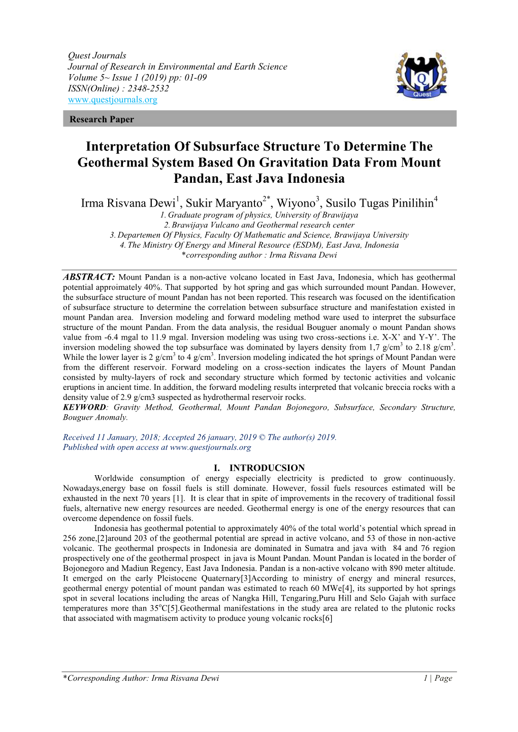 Interpretation of Subsurface Structure to Determine the Geothermal System Based on Gravitation Data from Mount Pandan, East Java Indonesia