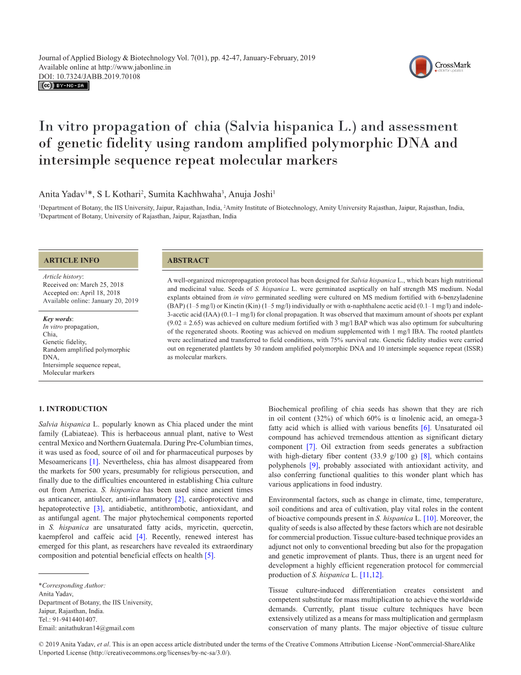 Of Genetic Fidelity Using Random Amplified Polymorphic DNA and Intersimple Sequence Repeat Molecular Markers